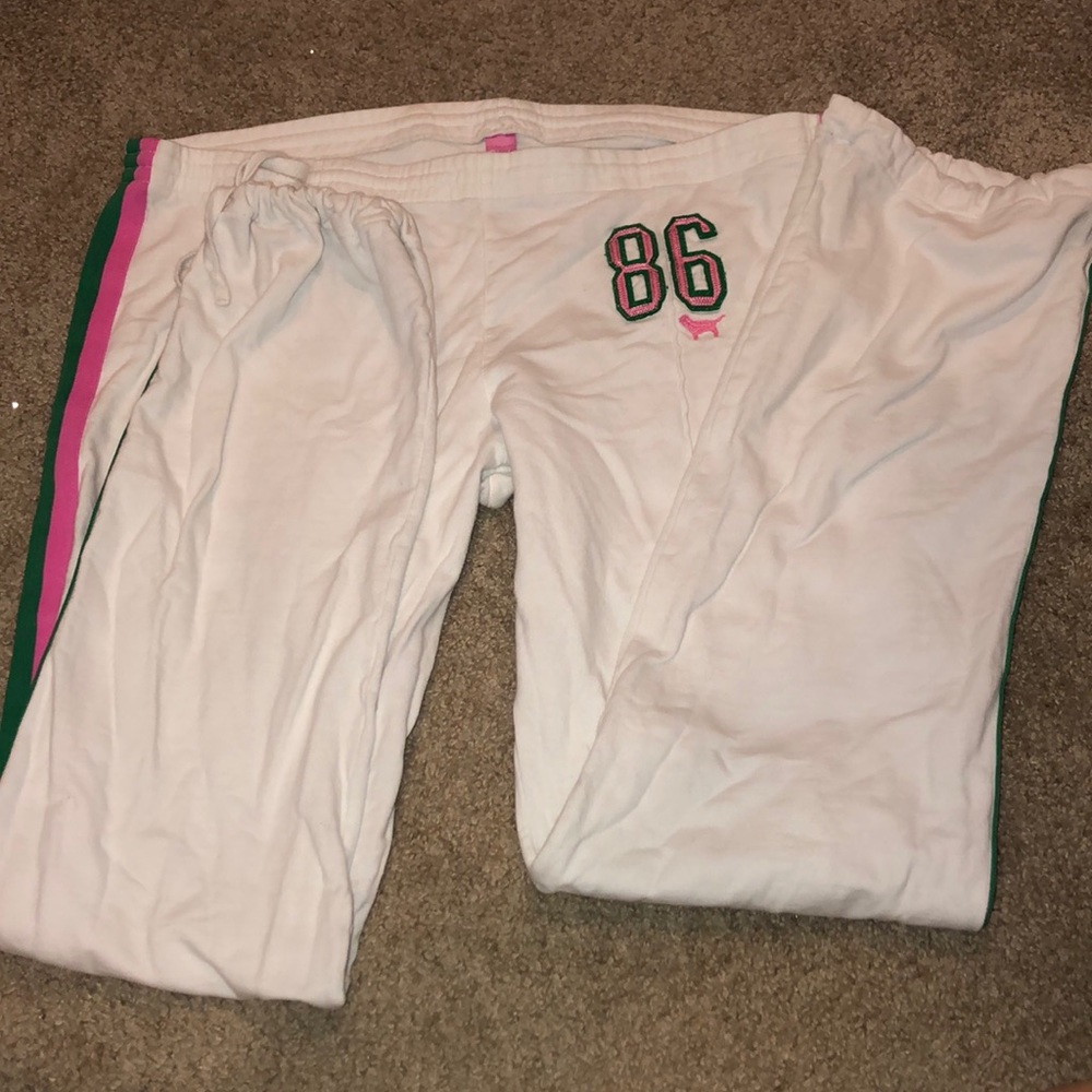 PINK Victoria's Secret White Joggers with Pink and Green Accents